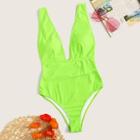 Romwe Neon Green Plunge Neck One Piece Swimwear