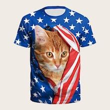 Romwe Guys Cat And Star Print Tee