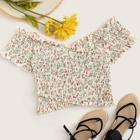 Romwe Ditsy Floral Frill Trim Shirred Blouse