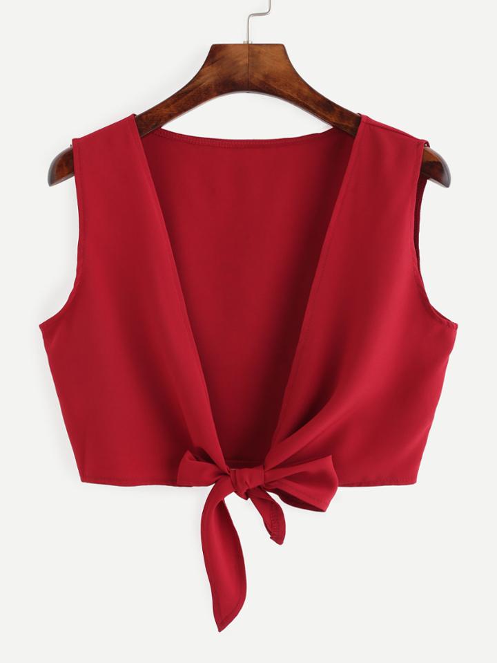 Romwe Red Knotted Front Crop Top