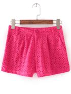 Romwe Hot Pink Pockets Hollow Mid Waist Shorts