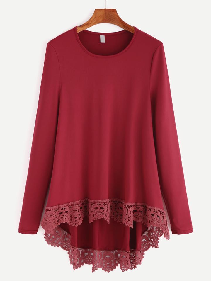 Romwe Burgundy Contrast Crochet Dip Hem T-shirt