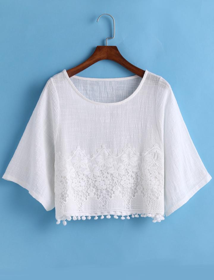 Romwe Lace Insert Ball Hem Top