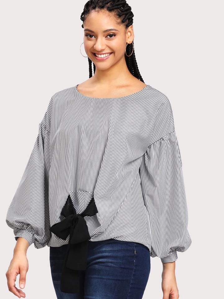 Romwe Lantern Sleeve Knot Front Striped Top