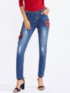 Romwe Rose Embroidered Applique Ripped Jeans