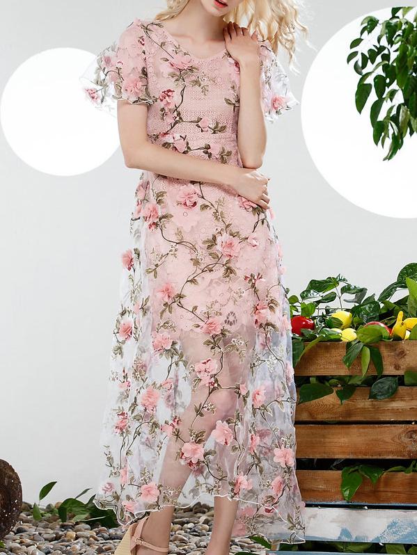 Romwe Pink V Neck Applique Pouf Organza Dress