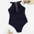 Romwe Plus Contrast Mesh Ruched One Piece Swimsuit