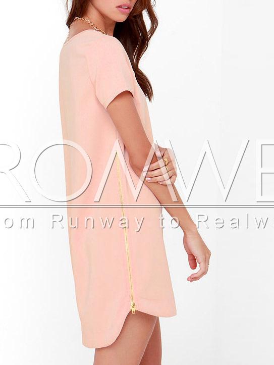 Romwe Pink Short Sleeve High Low Zipper Dress