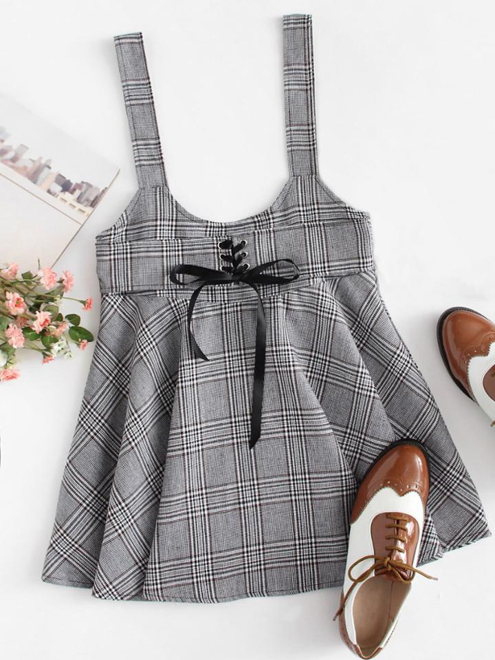 Romwe Eyelet Lace Up Plaid Pinafore Dress