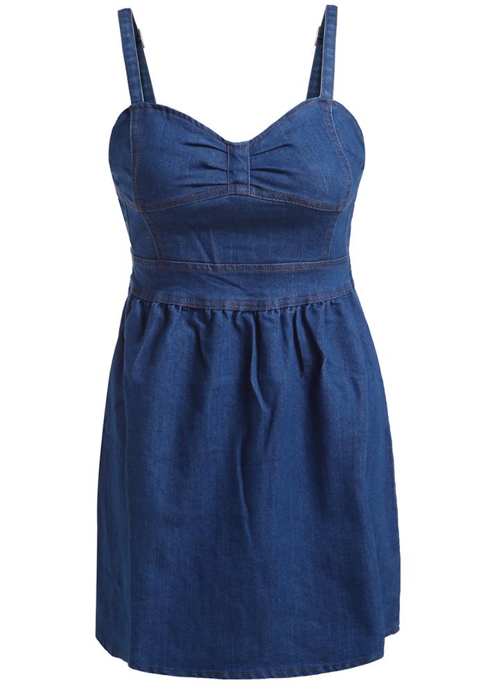 Romwe Spaghetti Strap Folds Denim Navy Dress