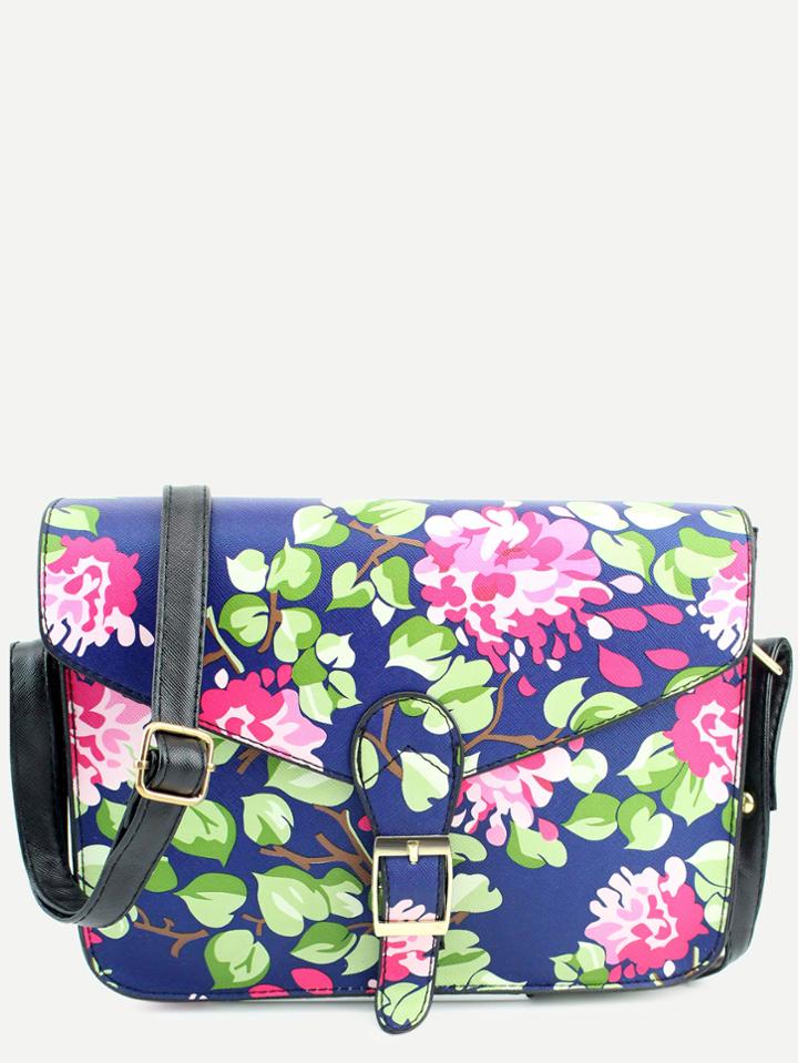 Romwe Blue Pu Floral Print Buckle Closure Messenger Bag