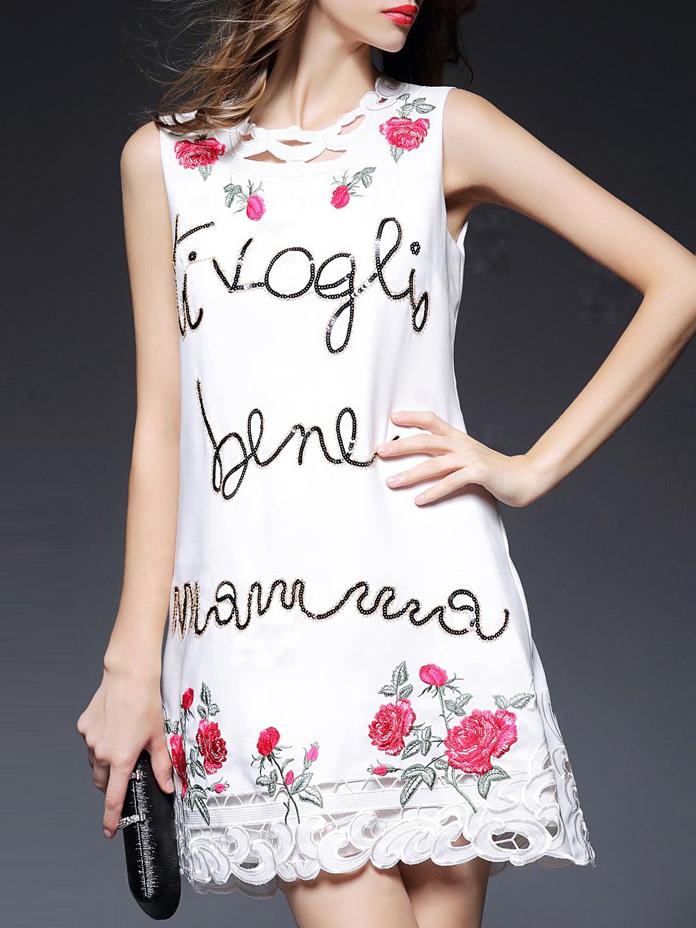 Romwe White Embroidered Sequined Hollow Dress