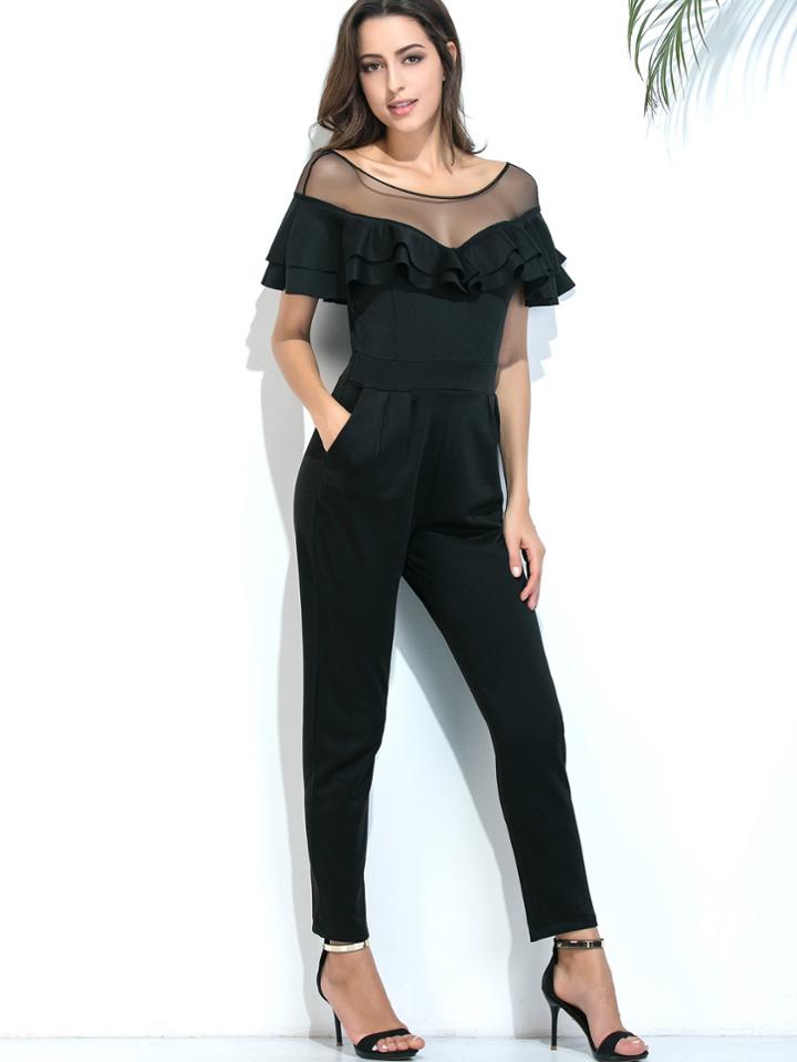 Romwe Contrast Sheer Mesh Ruffle Trim Jumpsuit