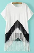 Romwe With Tassel Ombre White T-shirt