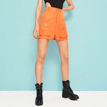 Romwe Flat Pockets Slit Neon Orange Cargo Skirt