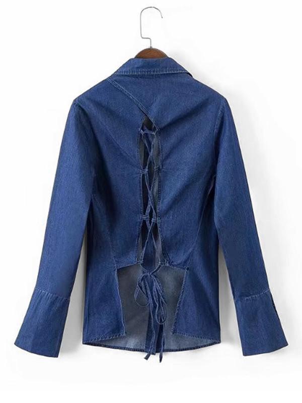 Romwe Lace Up Back Denim Tops