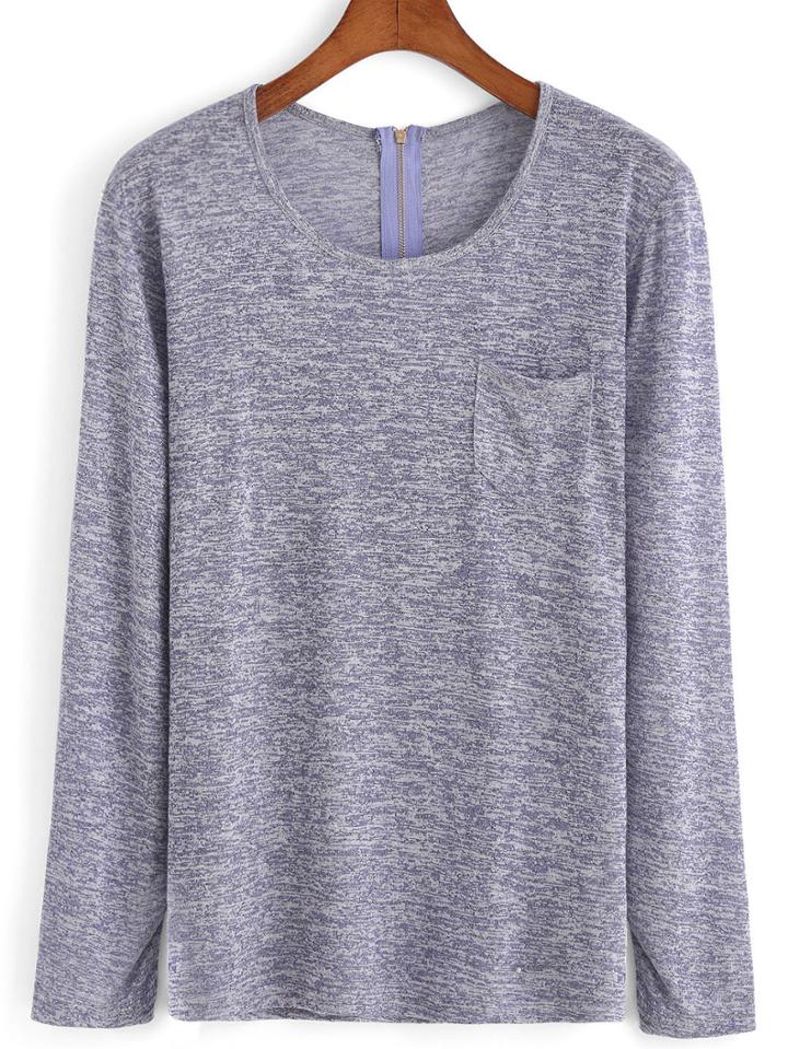 Romwe Long Sleeve Pocket Zipper Purple T-shirt