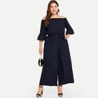 Romwe Plus Flounce Sleeve Belted Off The Shoulder Jumpsuit