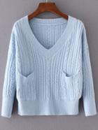 Romwe Blue Cable Knit V Neck Pocket Sweater