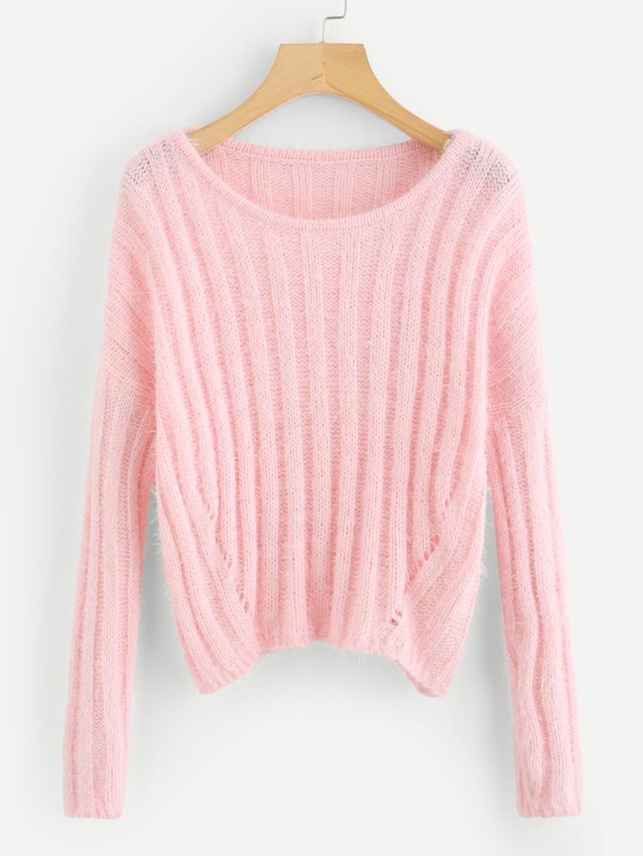 Romwe Scoop Neck Drop Shoulder Ribbed Sweater