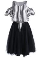 Romwe Ruffle Sleeve Vertical Striped Knotted Top With Mesh Skirt