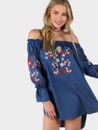 Romwe Blue Off The Shoulder High Low Embroidered Chambray Dress