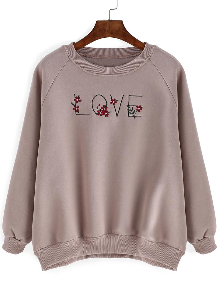 Romwe Raglan Sleeve Embroidered Sweatshirt
