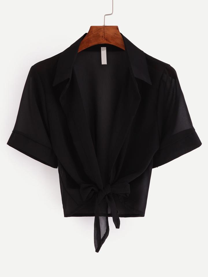 Romwe Black Lapel Short Sleeve Knotted Blouse