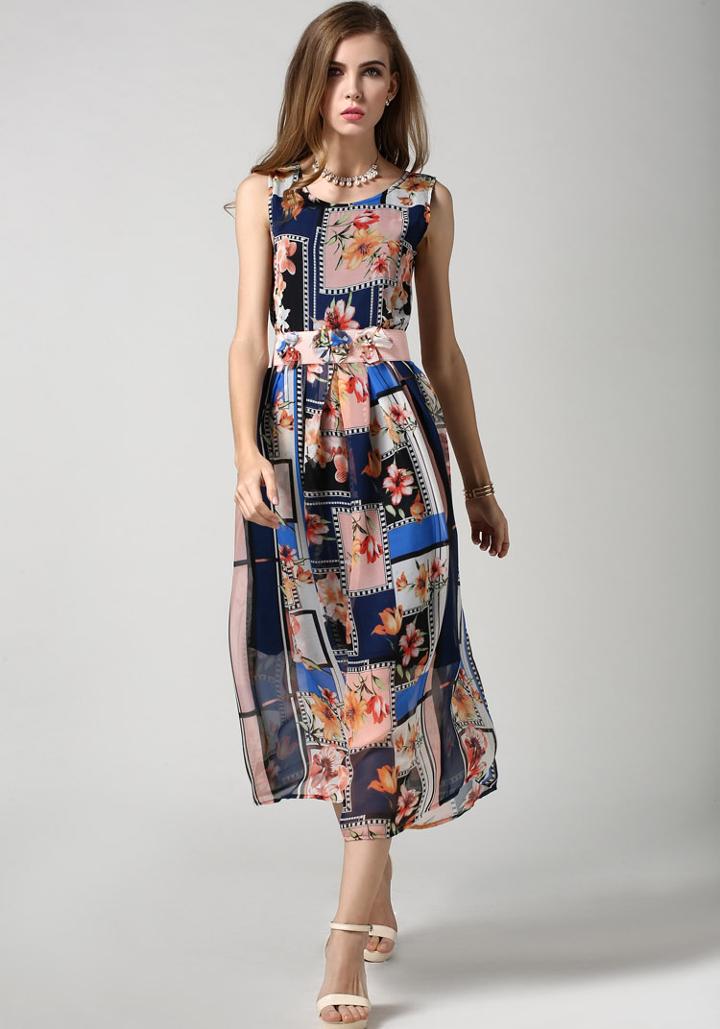 Romwe Round Neck Florals Chiffon Dress