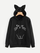 Romwe Ear Hooded Graphic Print Sweatshirt
