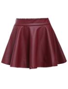Romwe Pleated Elastic Waist Wine Red Pu Skirt