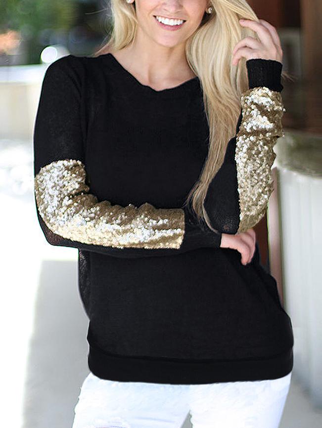 Romwe Women Sequined Insert Black Sweater