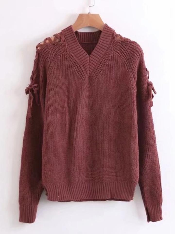 Romwe Criss Cross Sleeve V Neckline Sweater