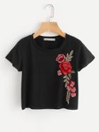 Romwe Embroidered Applique Crop Knit T-shirt
