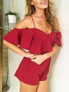 Romwe Ruffled Cold Shoulder Romper - Burgundy