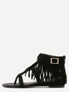 Romwe Black Flip T-strap Fringe Sandals
