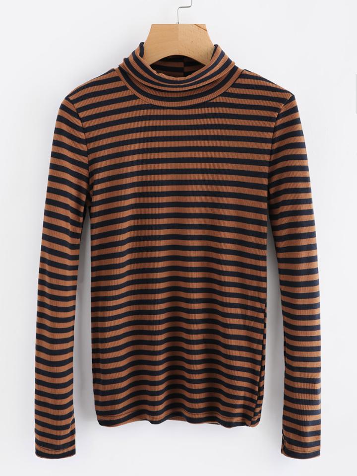 Romwe High Neck Contrast Striped Tee