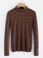 Romwe High Neck Contrast Striped Tee