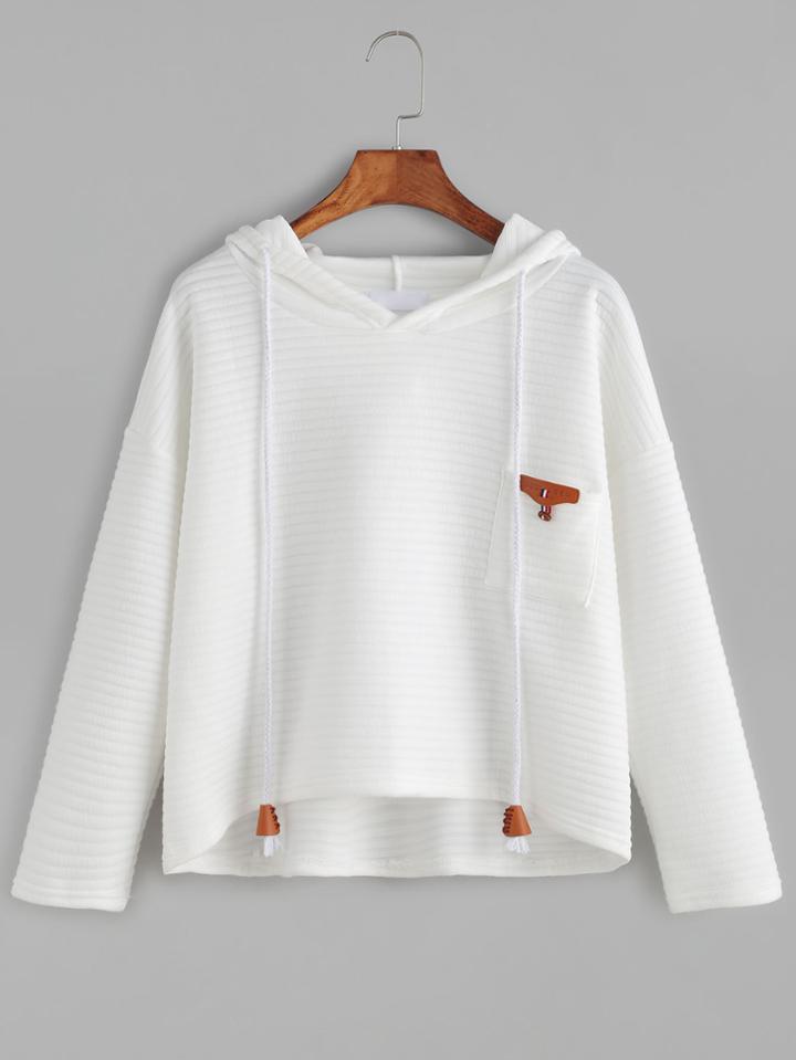 Romwe White Hooded High Low Pocket Textured Sweatshirt