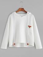 Romwe White Hooded High Low Pocket Textured Sweatshirt