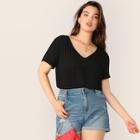 Romwe Plus Cuffed Sleeve Button Front Solid Top