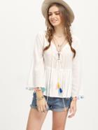 Romwe White Long Sleeve Pom Pom Trim Pleated Blouse