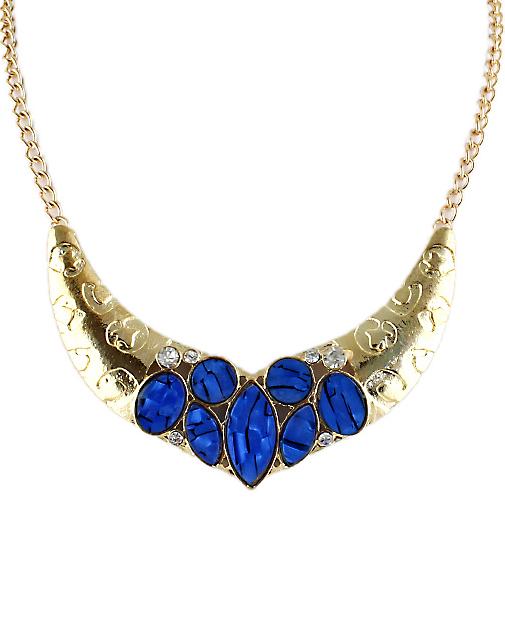 Romwe Blue Gemstone Gold Collar Chain Necklace