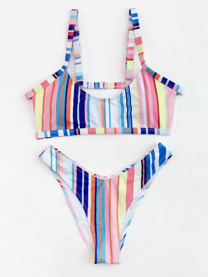 Romwe Roman Striped Cut Out Back Bikini Set