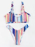 Romwe Roman Striped Cut Out Back Bikini Set