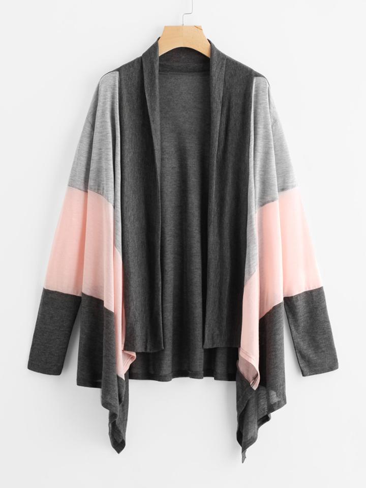 Romwe Contrast Panel Drape Front Marled Coat