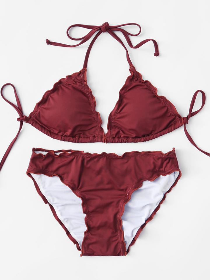 Romwe Lettuce Trim Tie Neck Bikini Set