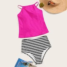 Romwe Neon Pink Lace-up Top With Striped Tankini Set