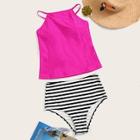 Romwe Neon Pink Lace-up Top With Striped Tankini Set