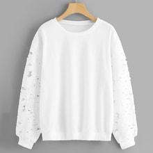 Romwe Plus Floral Lace Sleeve Solid Sweatshirt